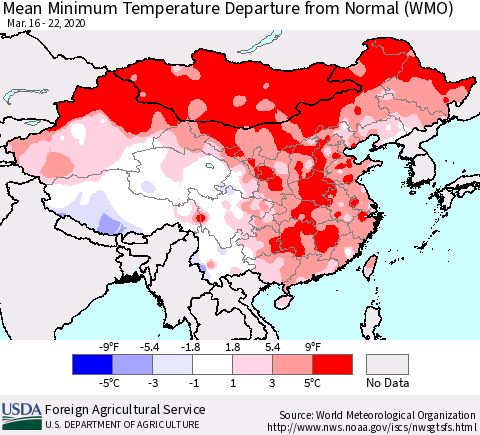 China, Mongolia and Taiwan Mean Minimum Temperature Departure from Normal (WMO) Thematic Map For 3/16/2020 - 3/22/2020