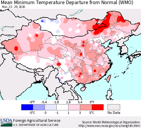 China, Mongolia and Taiwan Mean Minimum Temperature Departure from Normal (WMO) Thematic Map For 3/23/2020 - 3/29/2020