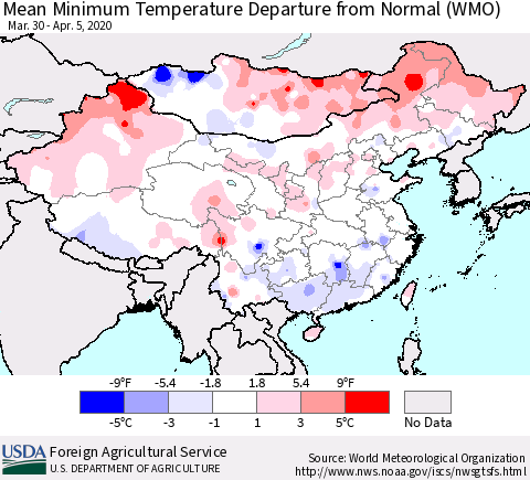 China, Mongolia and Taiwan Mean Minimum Temperature Departure from Normal (WMO) Thematic Map For 3/30/2020 - 4/5/2020