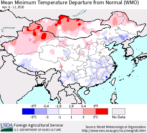 China, Mongolia and Taiwan Mean Minimum Temperature Departure from Normal (WMO) Thematic Map For 4/6/2020 - 4/12/2020