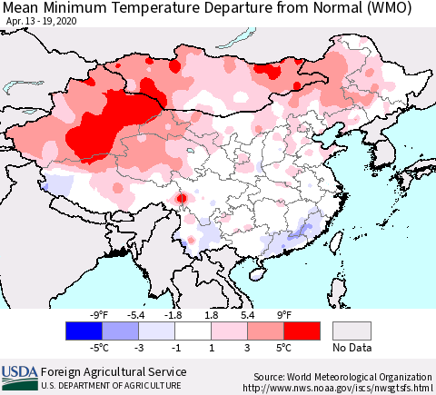 China, Mongolia and Taiwan Mean Minimum Temperature Departure from Normal (WMO) Thematic Map For 4/13/2020 - 4/19/2020