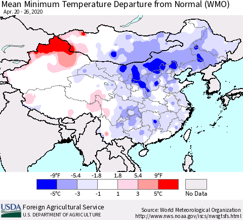 China, Mongolia and Taiwan Mean Minimum Temperature Departure from Normal (WMO) Thematic Map For 4/20/2020 - 4/26/2020