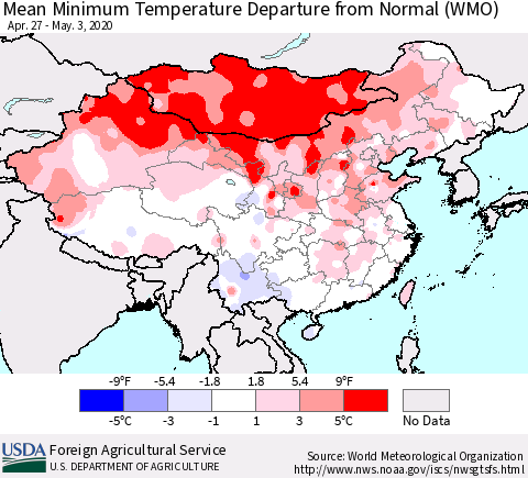 China, Mongolia and Taiwan Mean Minimum Temperature Departure from Normal (WMO) Thematic Map For 4/27/2020 - 5/3/2020