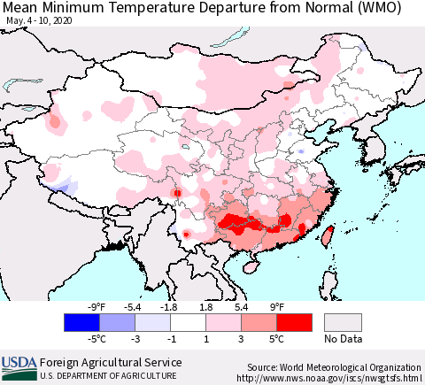 China, Mongolia and Taiwan Mean Minimum Temperature Departure from Normal (WMO) Thematic Map For 5/4/2020 - 5/10/2020