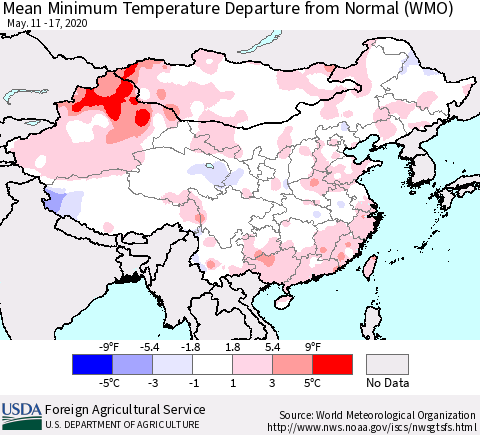 China, Mongolia and Taiwan Mean Minimum Temperature Departure from Normal (WMO) Thematic Map For 5/11/2020 - 5/17/2020