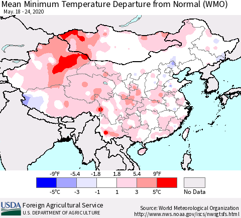 China, Mongolia and Taiwan Mean Minimum Temperature Departure from Normal (WMO) Thematic Map For 5/18/2020 - 5/24/2020