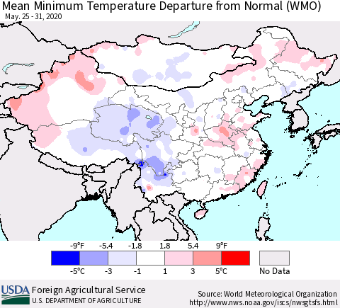 China, Mongolia and Taiwan Mean Minimum Temperature Departure from Normal (WMO) Thematic Map For 5/25/2020 - 5/31/2020