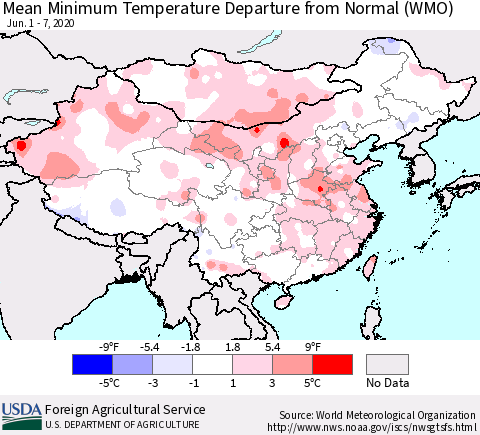 China, Mongolia and Taiwan Mean Minimum Temperature Departure from Normal (WMO) Thematic Map For 6/1/2020 - 6/7/2020