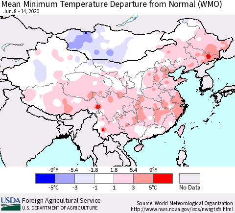 China, Mongolia and Taiwan Mean Minimum Temperature Departure from Normal (WMO) Thematic Map For 6/8/2020 - 6/14/2020