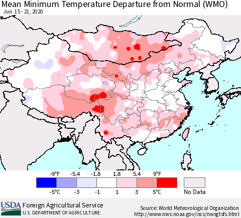 China, Mongolia and Taiwan Mean Minimum Temperature Departure from Normal (WMO) Thematic Map For 6/15/2020 - 6/21/2020