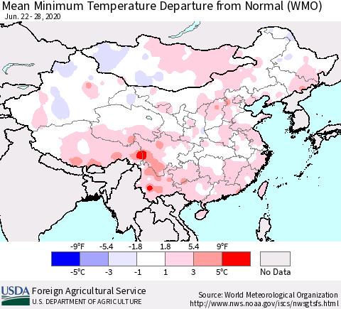 China, Mongolia and Taiwan Mean Minimum Temperature Departure from Normal (WMO) Thematic Map For 6/22/2020 - 6/28/2020