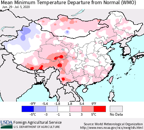 China, Mongolia and Taiwan Mean Minimum Temperature Departure from Normal (WMO) Thematic Map For 6/29/2020 - 7/5/2020