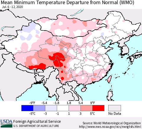 China, Mongolia and Taiwan Mean Minimum Temperature Departure from Normal (WMO) Thematic Map For 7/6/2020 - 7/12/2020