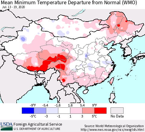China, Mongolia and Taiwan Mean Minimum Temperature Departure from Normal (WMO) Thematic Map For 7/13/2020 - 7/19/2020
