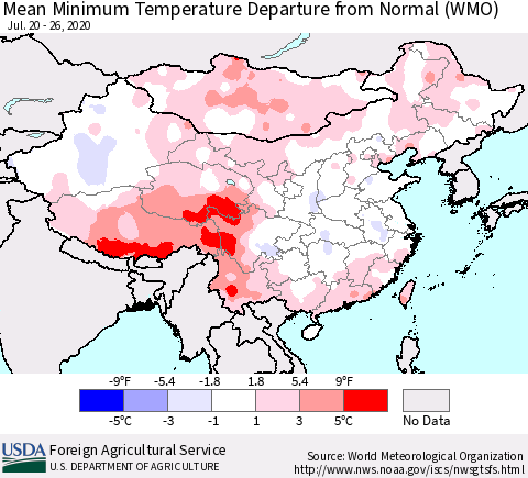 China, Mongolia and Taiwan Mean Minimum Temperature Departure from Normal (WMO) Thematic Map For 7/20/2020 - 7/26/2020