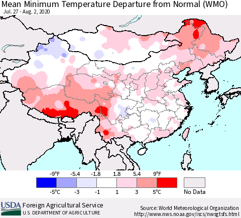 China, Mongolia and Taiwan Mean Minimum Temperature Departure from Normal (WMO) Thematic Map For 7/27/2020 - 8/2/2020