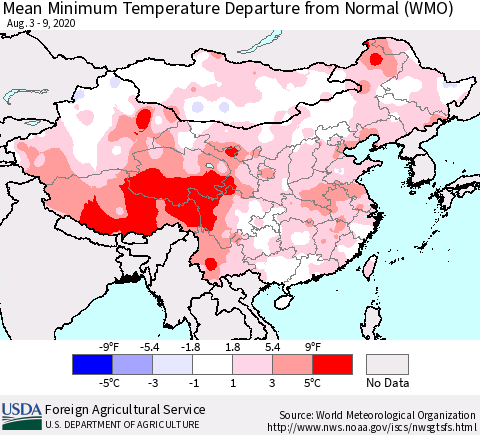 China, Mongolia and Taiwan Mean Minimum Temperature Departure from Normal (WMO) Thematic Map For 8/3/2020 - 8/9/2020