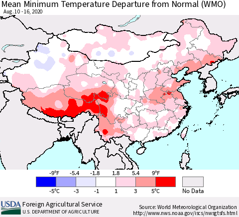 China, Mongolia and Taiwan Mean Minimum Temperature Departure from Normal (WMO) Thematic Map For 8/10/2020 - 8/16/2020