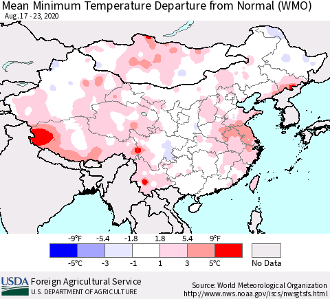 China, Mongolia and Taiwan Mean Minimum Temperature Departure from Normal (WMO) Thematic Map For 8/17/2020 - 8/23/2020