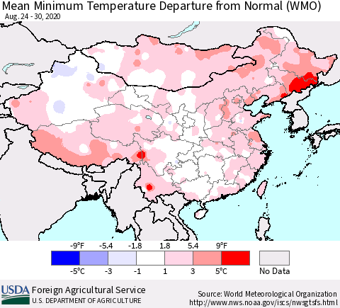 China, Mongolia and Taiwan Mean Minimum Temperature Departure from Normal (WMO) Thematic Map For 8/24/2020 - 8/30/2020