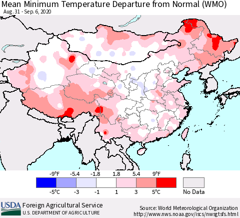 China, Mongolia and Taiwan Mean Minimum Temperature Departure from Normal (WMO) Thematic Map For 8/31/2020 - 9/6/2020