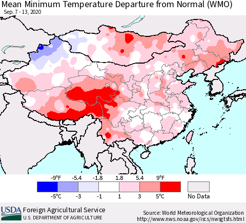 China, Mongolia and Taiwan Mean Minimum Temperature Departure from Normal (WMO) Thematic Map For 9/7/2020 - 9/13/2020