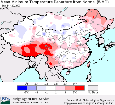 China, Mongolia and Taiwan Mean Minimum Temperature Departure from Normal (WMO) Thematic Map For 9/14/2020 - 9/20/2020