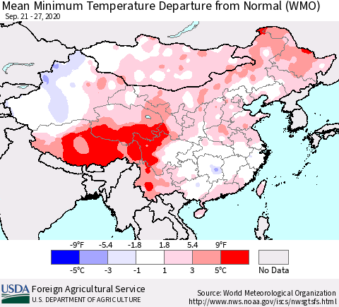 China, Mongolia and Taiwan Mean Minimum Temperature Departure from Normal (WMO) Thematic Map For 9/21/2020 - 9/27/2020