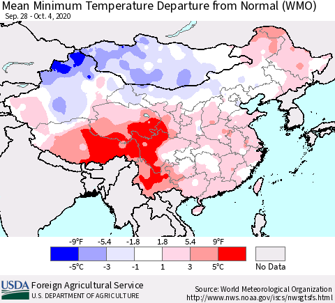 China, Mongolia and Taiwan Mean Minimum Temperature Departure from Normal (WMO) Thematic Map For 9/28/2020 - 10/4/2020