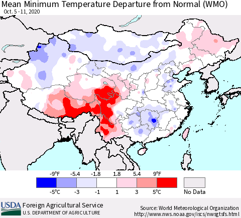 China, Mongolia and Taiwan Mean Minimum Temperature Departure from Normal (WMO) Thematic Map For 10/5/2020 - 10/11/2020