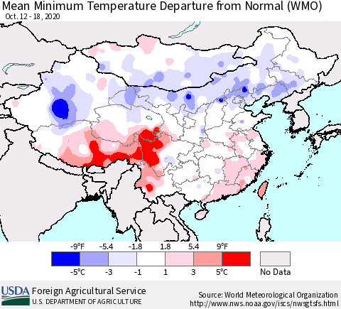China, Mongolia and Taiwan Mean Minimum Temperature Departure from Normal (WMO) Thematic Map For 10/12/2020 - 10/18/2020