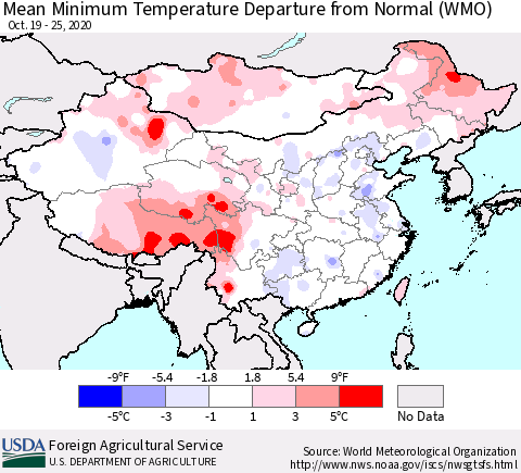 China, Mongolia and Taiwan Mean Minimum Temperature Departure from Normal (WMO) Thematic Map For 10/19/2020 - 10/25/2020