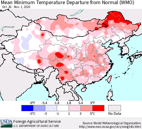 China, Mongolia and Taiwan Mean Minimum Temperature Departure from Normal (WMO) Thematic Map For 10/26/2020 - 11/1/2020