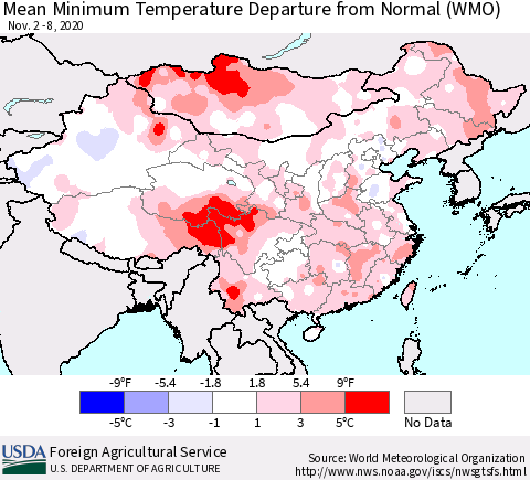 China, Mongolia and Taiwan Mean Minimum Temperature Departure from Normal (WMO) Thematic Map For 11/2/2020 - 11/8/2020