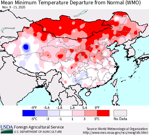 China, Mongolia and Taiwan Mean Minimum Temperature Departure from Normal (WMO) Thematic Map For 11/9/2020 - 11/15/2020