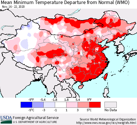 China, Mongolia and Taiwan Mean Minimum Temperature Departure from Normal (WMO) Thematic Map For 11/16/2020 - 11/22/2020