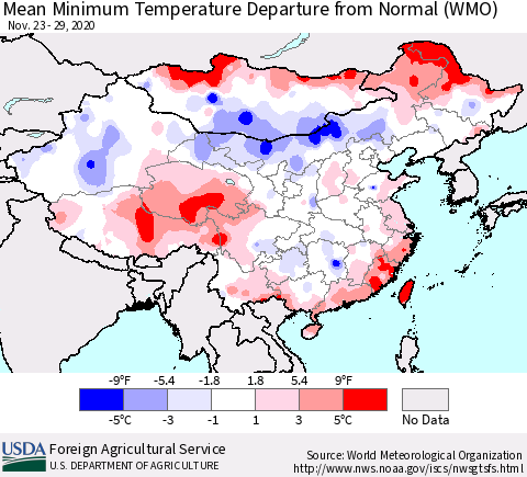 China, Mongolia and Taiwan Mean Minimum Temperature Departure from Normal (WMO) Thematic Map For 11/23/2020 - 11/29/2020