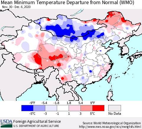 China, Mongolia and Taiwan Mean Minimum Temperature Departure from Normal (WMO) Thematic Map For 11/30/2020 - 12/6/2020