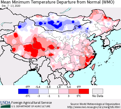 China, Mongolia and Taiwan Mean Minimum Temperature Departure from Normal (WMO) Thematic Map For 12/7/2020 - 12/13/2020