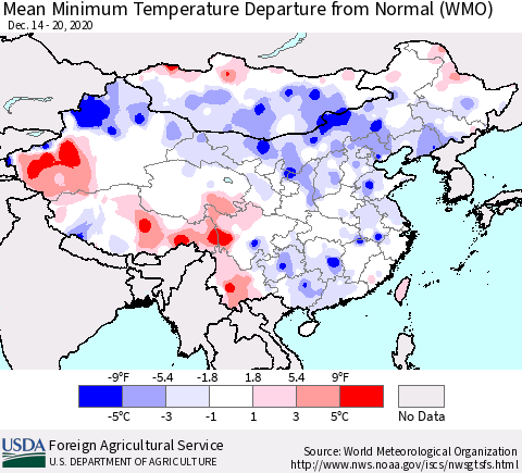 China, Mongolia and Taiwan Mean Minimum Temperature Departure from Normal (WMO) Thematic Map For 12/14/2020 - 12/20/2020