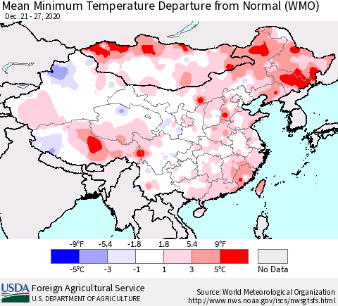 China, Mongolia and Taiwan Mean Minimum Temperature Departure from Normal (WMO) Thematic Map For 12/21/2020 - 12/27/2020