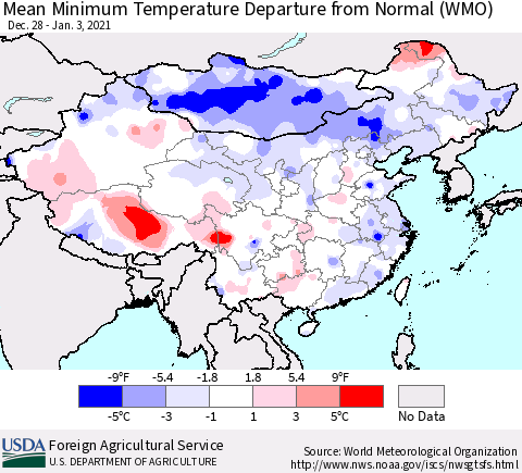 China, Mongolia and Taiwan Mean Minimum Temperature Departure from Normal (WMO) Thematic Map For 12/28/2020 - 1/3/2021