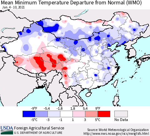 China, Mongolia and Taiwan Mean Minimum Temperature Departure from Normal (WMO) Thematic Map For 1/4/2021 - 1/10/2021
