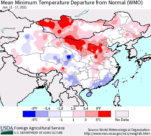 China, Mongolia and Taiwan Mean Minimum Temperature Departure from Normal (WMO) Thematic Map For 1/11/2021 - 1/17/2021