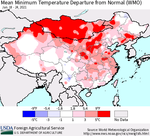 China, Mongolia and Taiwan Mean Minimum Temperature Departure from Normal (WMO) Thematic Map For 1/18/2021 - 1/24/2021