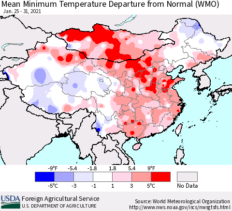 China, Mongolia and Taiwan Mean Minimum Temperature Departure from Normal (WMO) Thematic Map For 1/25/2021 - 1/31/2021