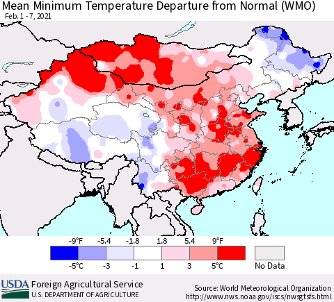 China, Mongolia and Taiwan Mean Minimum Temperature Departure from Normal (WMO) Thematic Map For 2/1/2021 - 2/7/2021