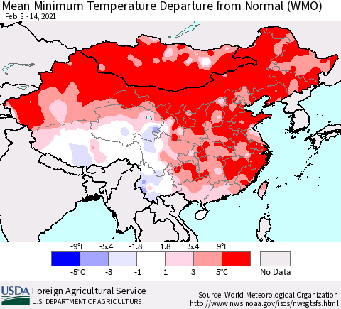 China, Mongolia and Taiwan Mean Minimum Temperature Departure from Normal (WMO) Thematic Map For 2/8/2021 - 2/14/2021