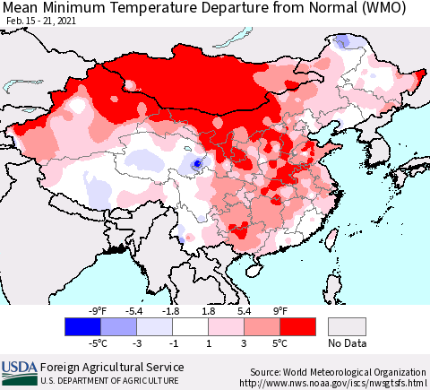 China, Mongolia and Taiwan Mean Minimum Temperature Departure from Normal (WMO) Thematic Map For 2/15/2021 - 2/21/2021