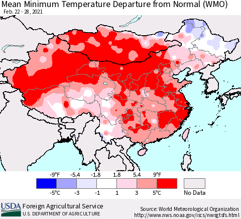 China, Mongolia and Taiwan Mean Minimum Temperature Departure from Normal (WMO) Thematic Map For 2/22/2021 - 2/28/2021